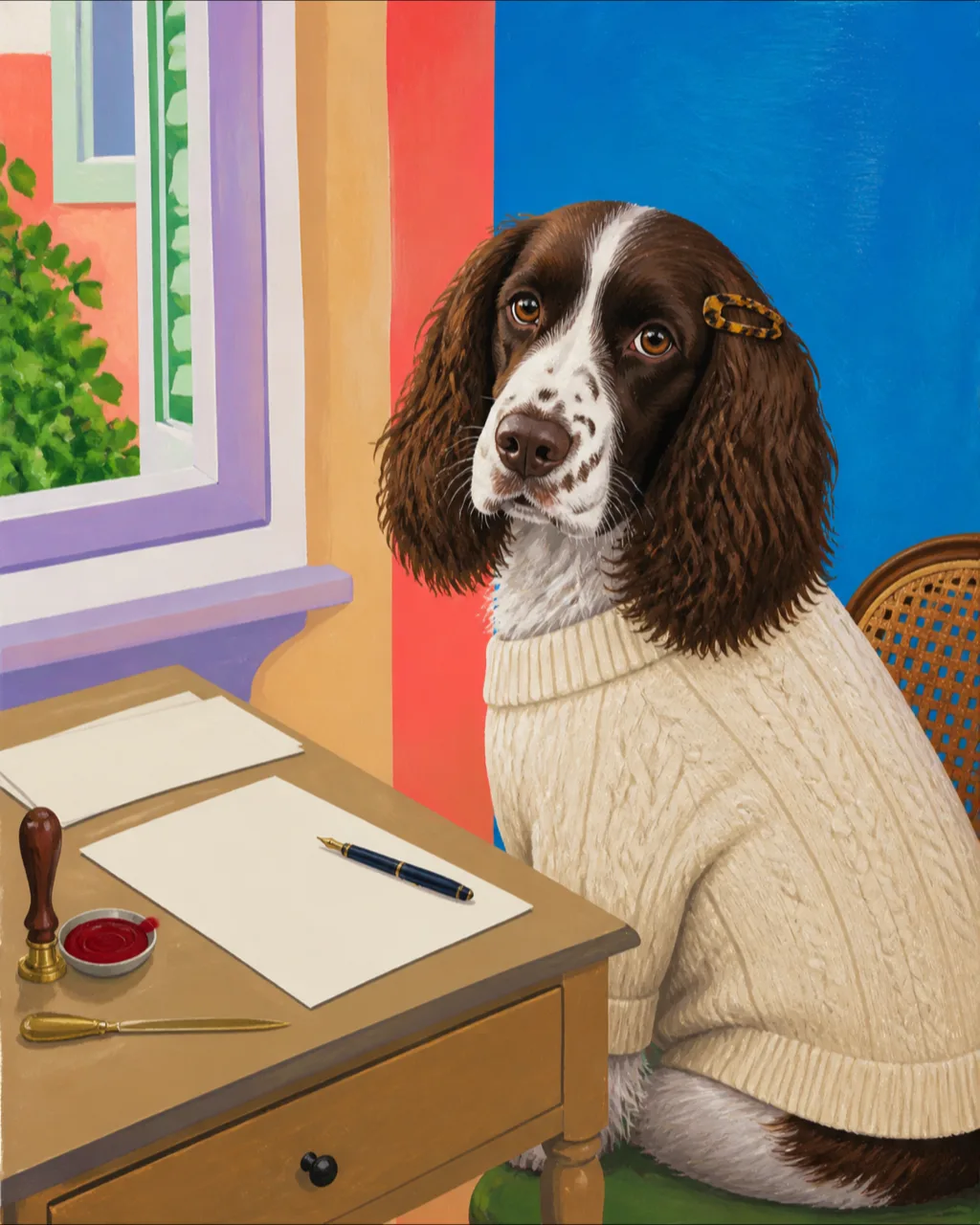 Painted portrait of Florence, a English Springer Spaniel, wearing a cream cable-knit sweater with a tortoiseshell hair clip on one ear, seated at a small writing desk by a window, a stack of letters, a fountain pen, sealing wax and a brass letter opener.