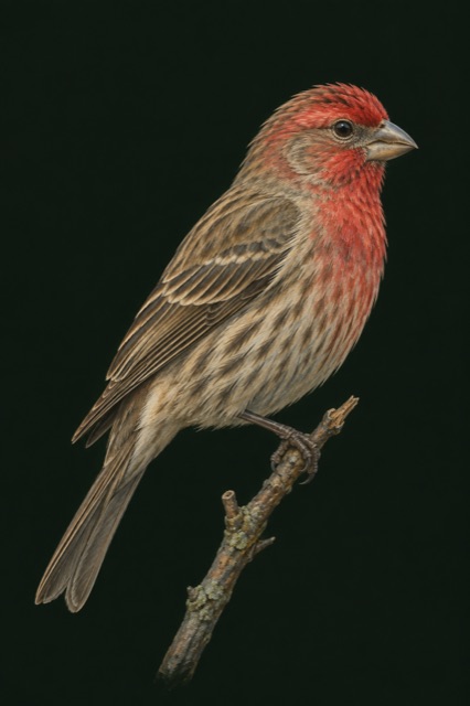 A House Finch perched on a twig against deep green
