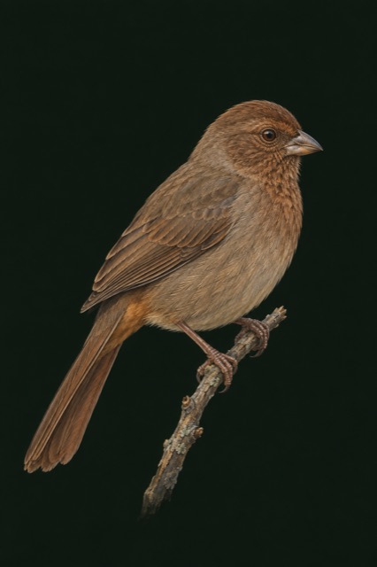 A California Towhee perched on a twig against deep green