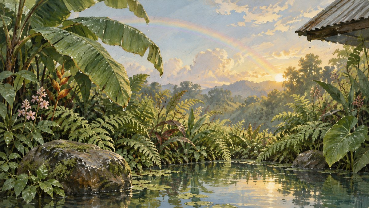The same lush garden after rain, glowing in golden light with a faint rainbow