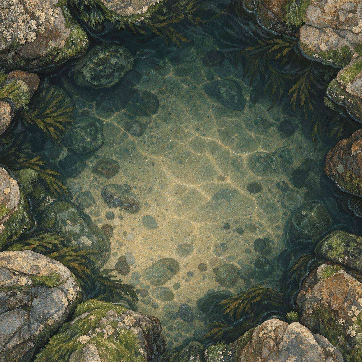 A hand-painted tide pool with a sandy floor and rocks around dark water