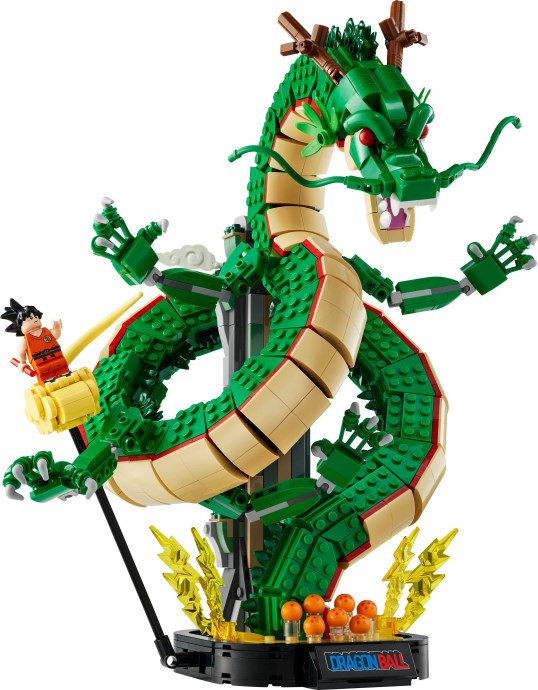 LEGO Shenron coiled above Goku riding the Flying Nimbus, with the Dragon Balls at the base