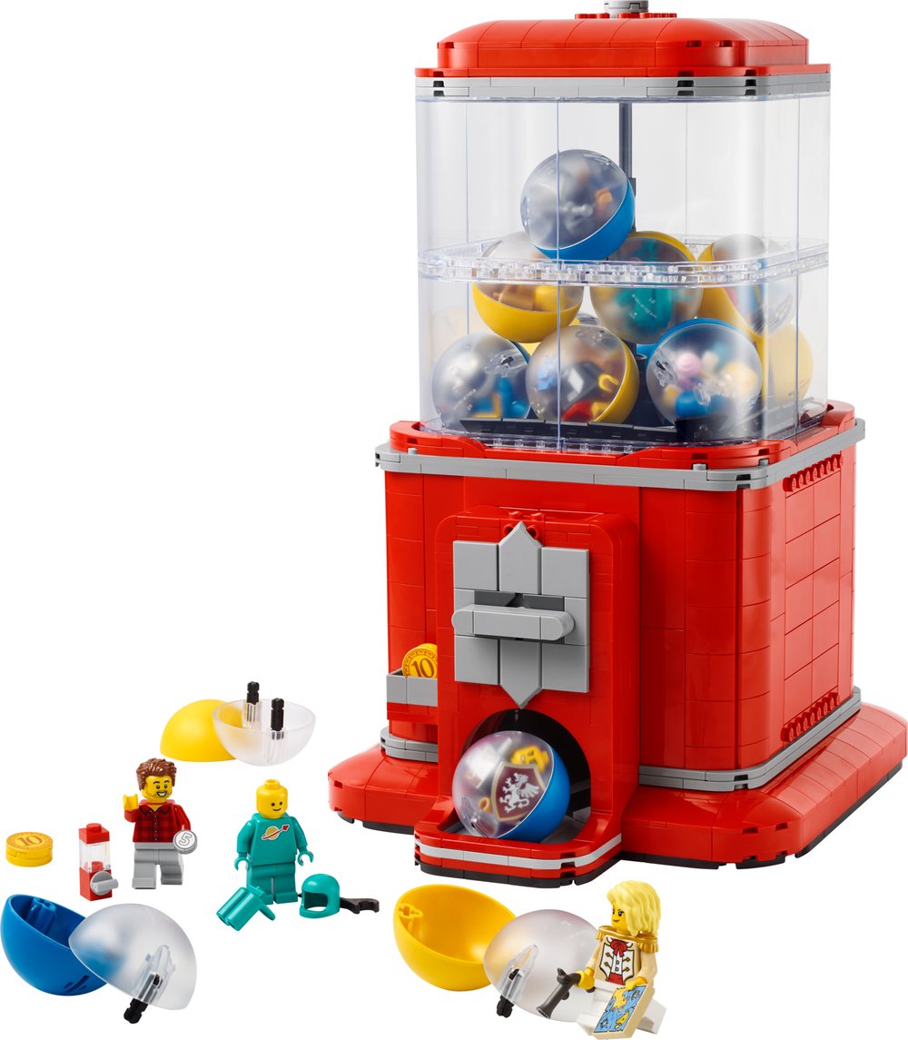 Red LEGO Minifigure Vending Machine with colorful capsules and collectible minifigures