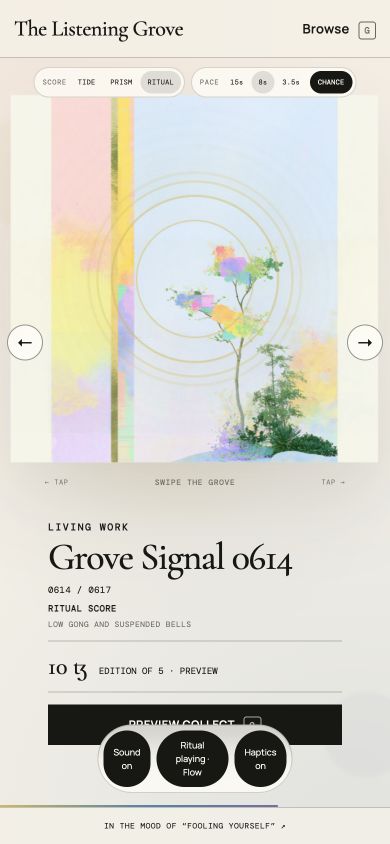 The Listening Grove on a 390 by 844 mobile viewport in Ritual mode with haptics enabled