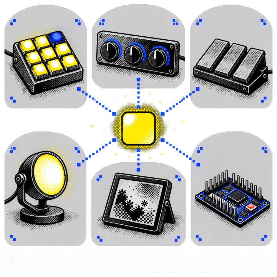 A macro pad, knobs, a foot pedal, a light, an e-ink screen and a circuit board wired to one glowing square