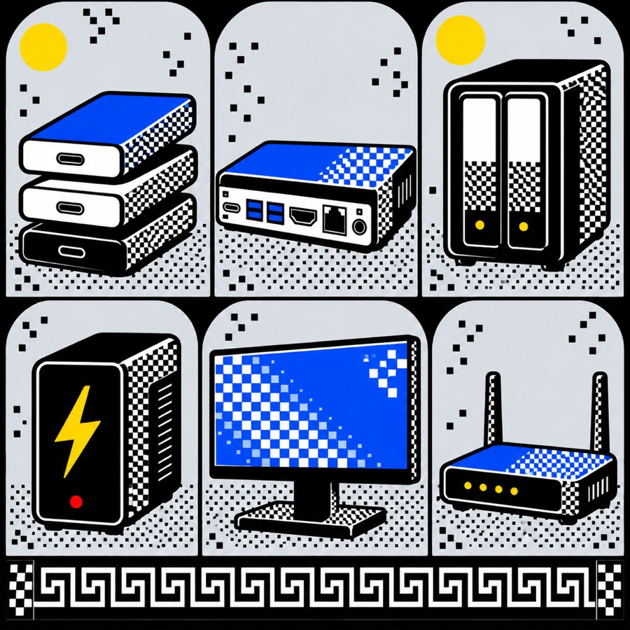 Specimen sheet of desk supplements: stacked drives, a dock, a network drive, a battery backup, a monitor and a router