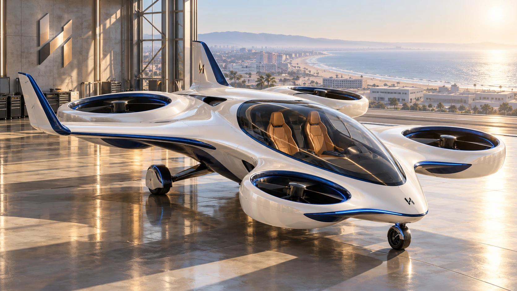 White and cobalt futuristic two-seat aircraft concept parked in a sunlit coastal aerospace hangar.