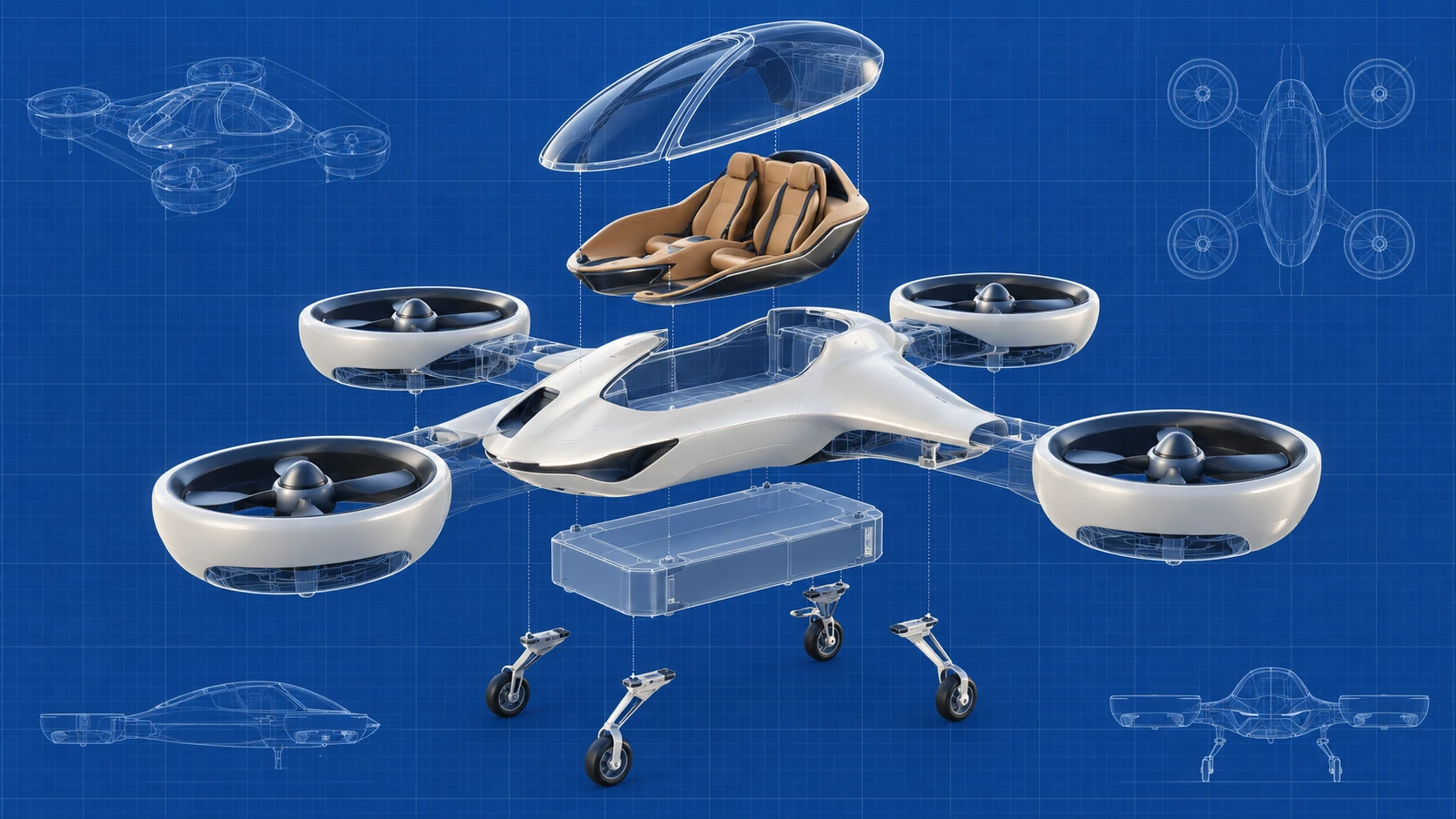 Cobalt blueprint-style exploded illustration of conceptual groups in a two-seat personal aircraft.