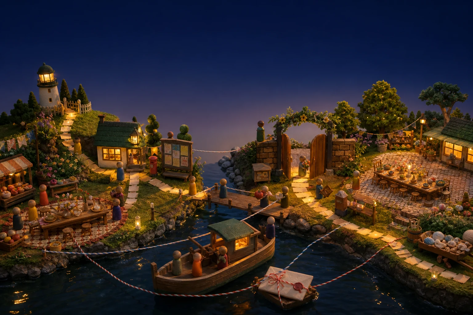 Two miniature islands at blue hour connected by a ferry, an open garden gate, glowing paths, parcels, and abstract wooden visitors