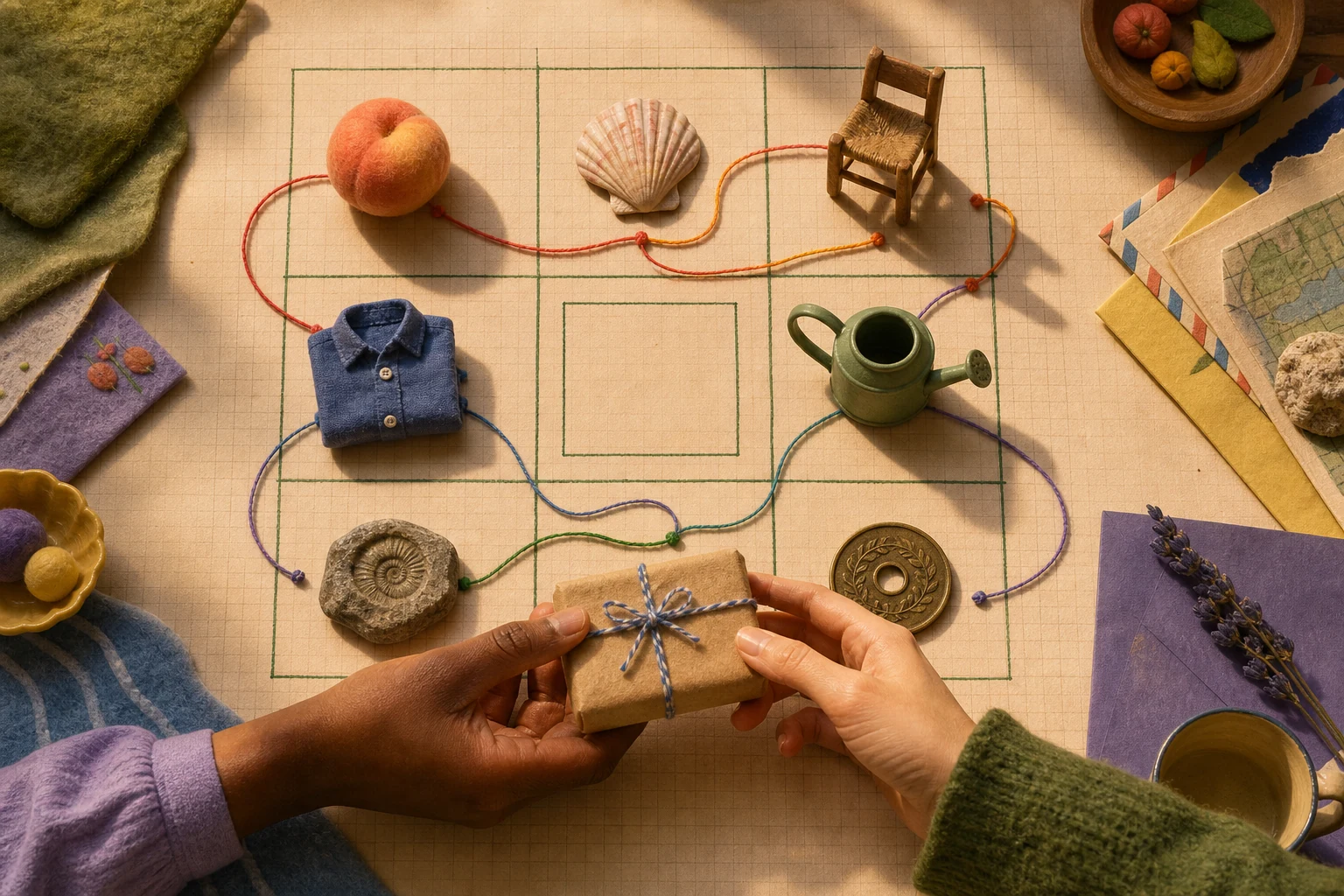 Two hands exchange a wrapped parcel over a graph-paper grid containing a peach, shell, chair, shirt, watering can, fossil, and brass token