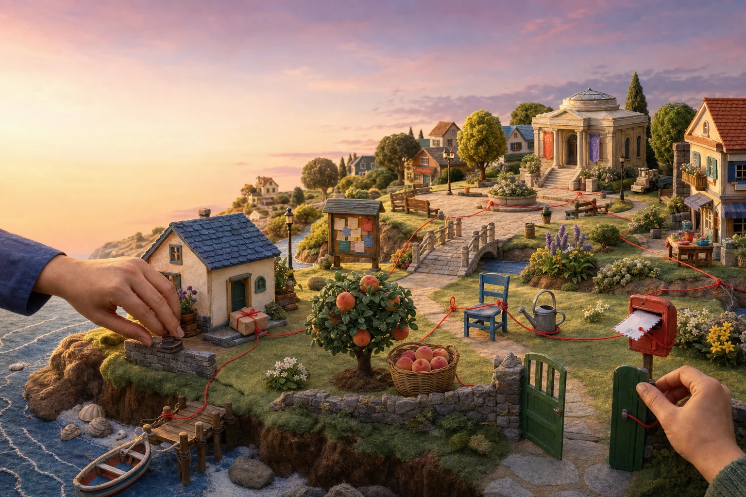 A hand-built miniature island town at sunset with a public square, open gate, parcels, peaches, a blue chair, and red thread joining each object