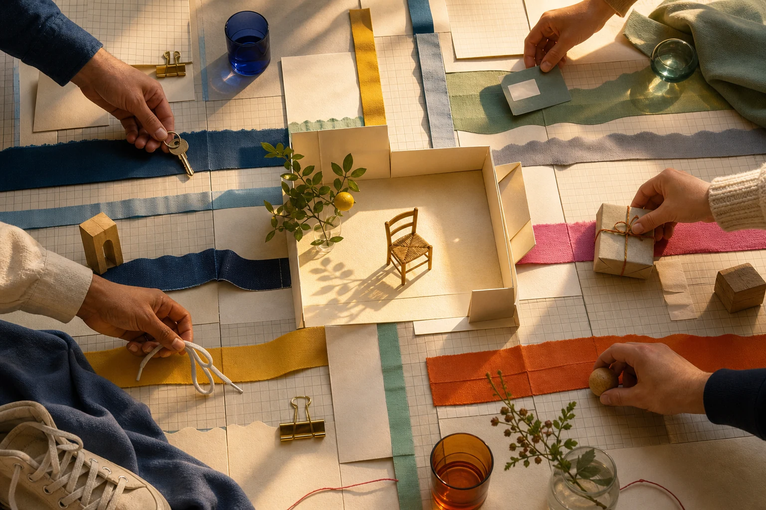 Hands arrange ribbons and ordinary objects around an open paper courtyard containing sunlight, a chair, and a lemon branch