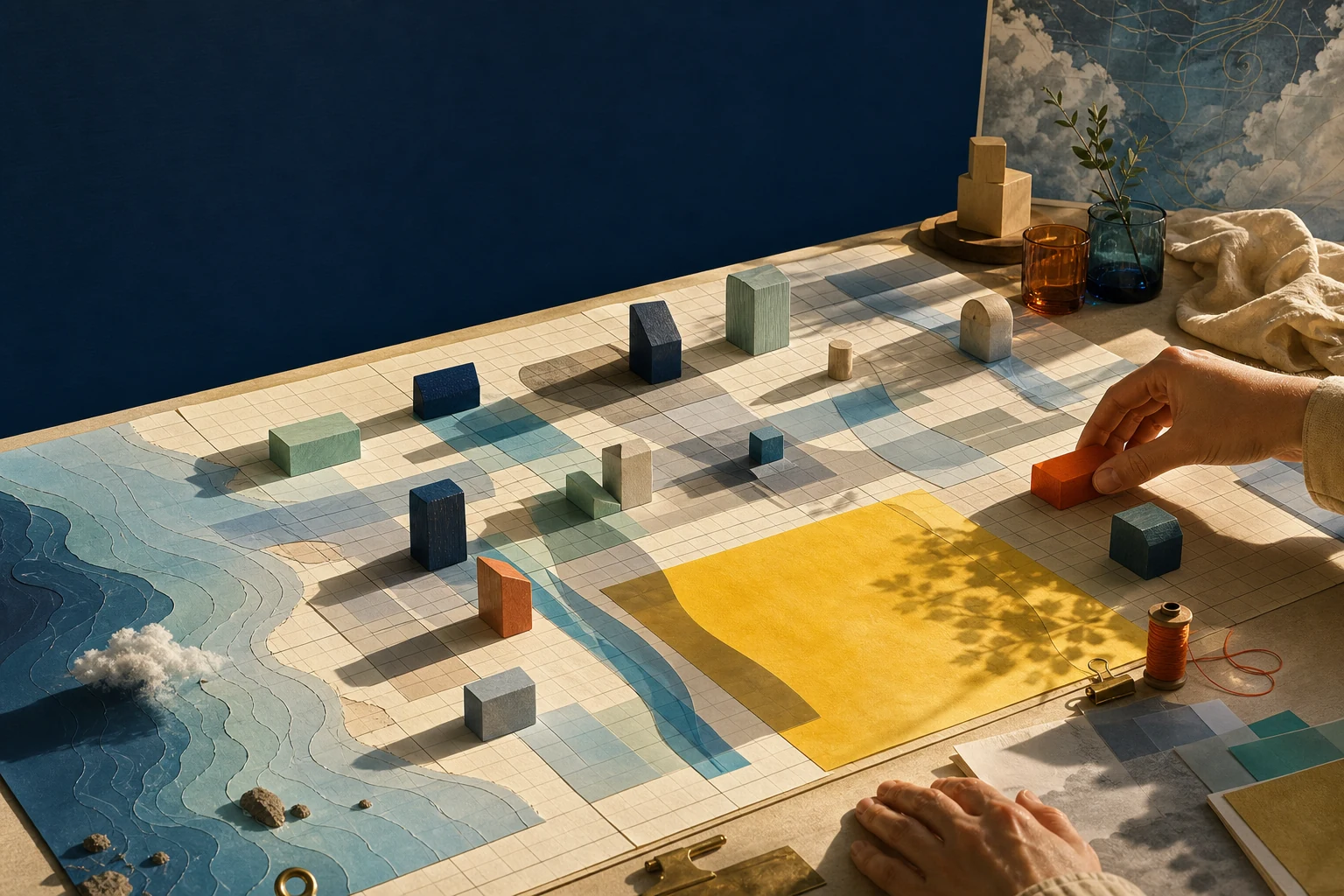 A paper week arranged like a coastal landscape, with wooden commitment blocks, blue weather bands, long shadows, and one open yellow field
