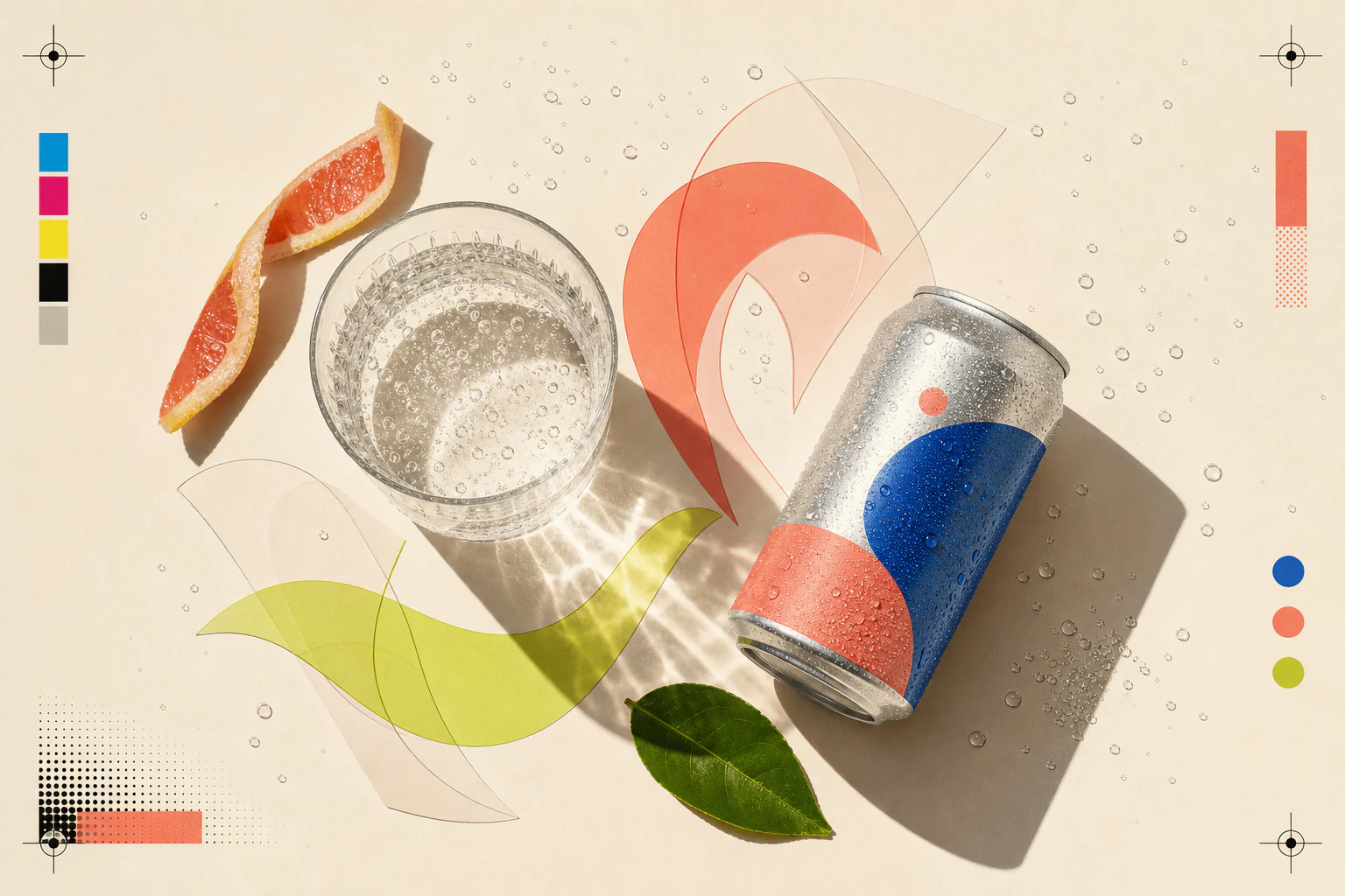 An overhead editorial still life of sparkling water, grapefruit peel, a green leaf, translucent scent shapes, and an unlabeled cold can