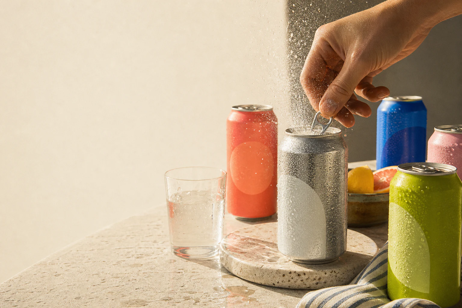 A hand cracks open a sweating, unlabeled silver can beside bright generic cans and a glass in hard morning sunlight