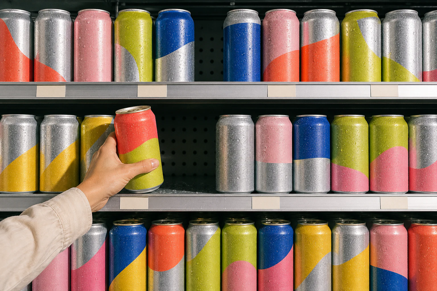 A hand chooses one brightly colored, unlabeled can from a refrigerator shelf arranged like a vivid color field