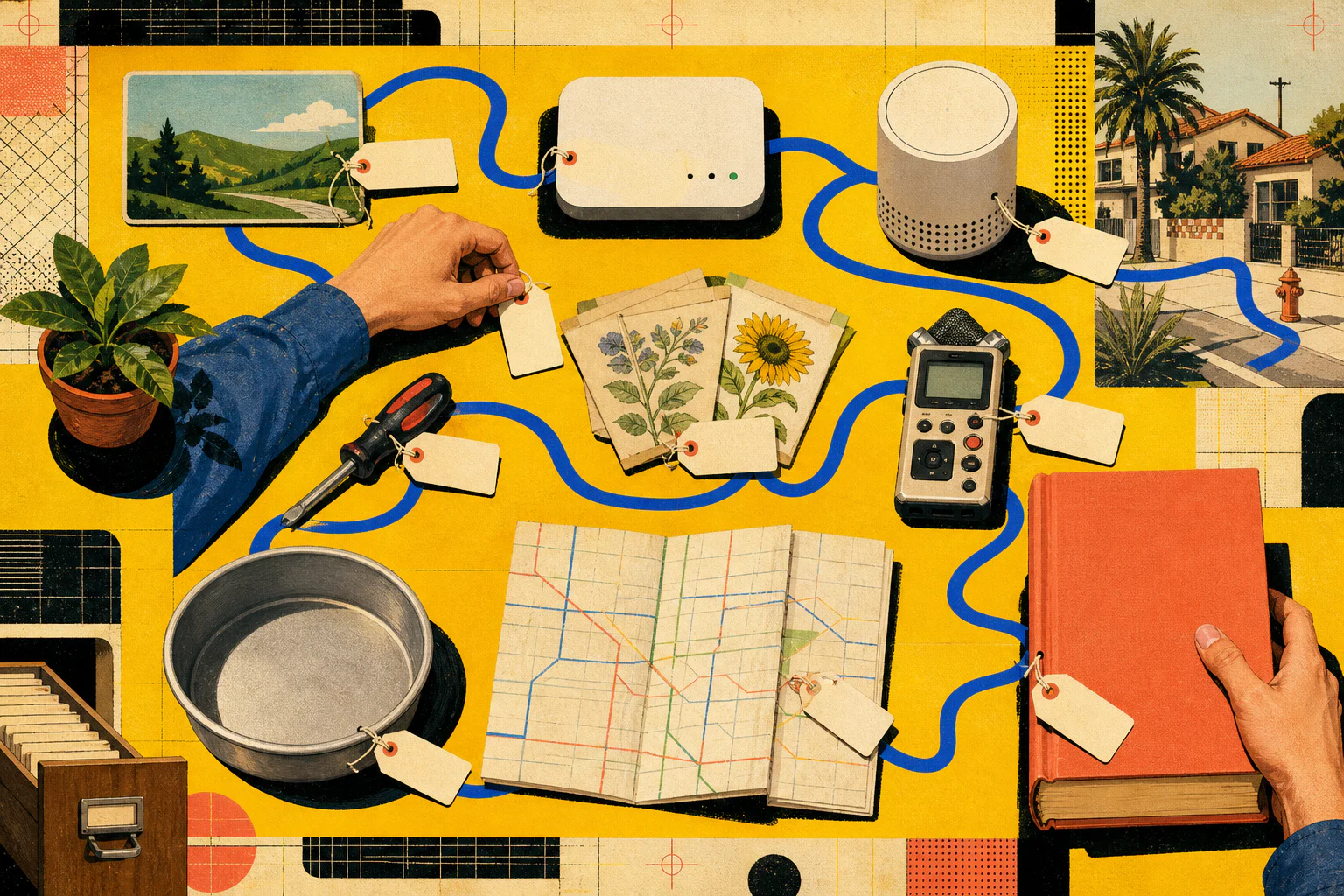 A yellow editorial still life of a park pass, hotspot, sensor, seeds, repair tool, recorder, cake pan, transit map, and book connected by a blue path