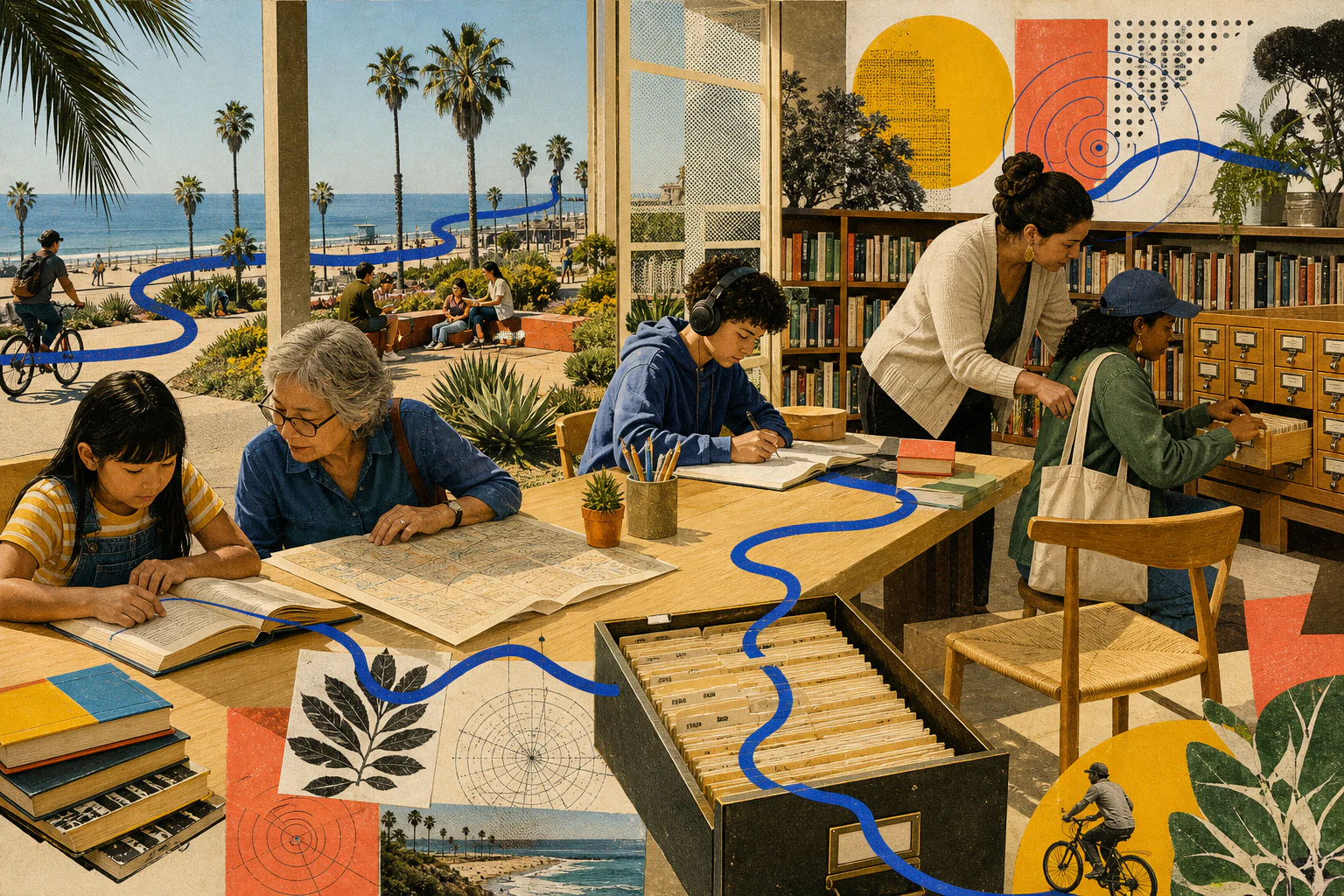 A sunlit civic collage of neighbors reading, mapping, studying, and opening a card catalog around one shared library table