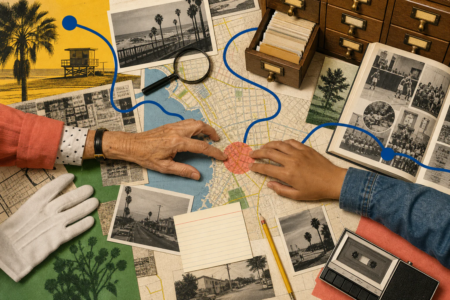 An archival worktable of coastal photographs, maps, catalog drawers, gloves, a recorder, and two generations pointing to the same place