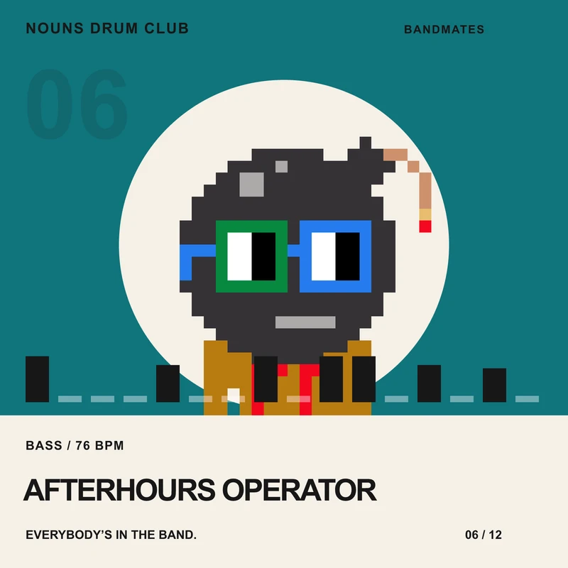 Afterhours Operator, a playable Nouns Drum Club bass Bandmate