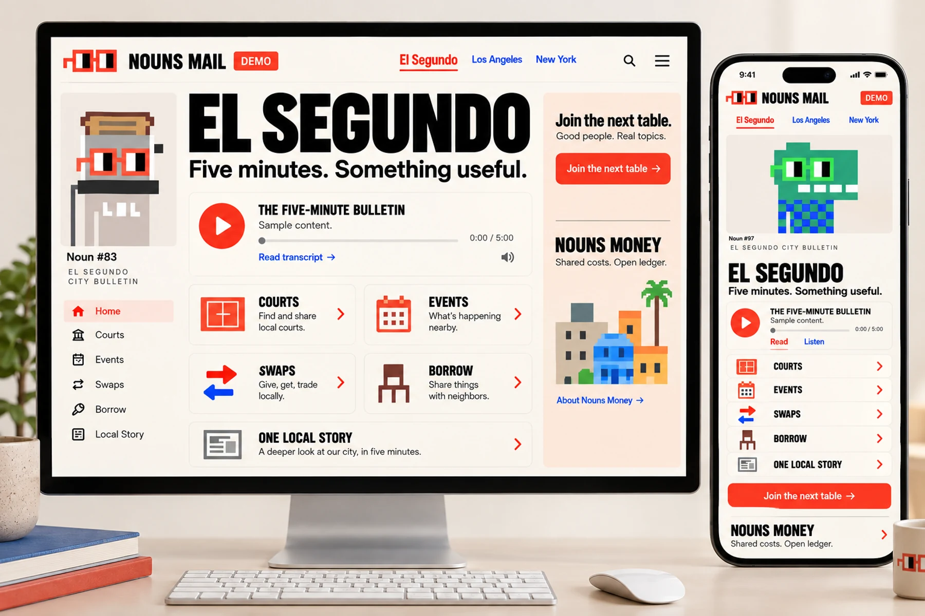 The city bulletin screen: generated Nouns Mail concept illustration