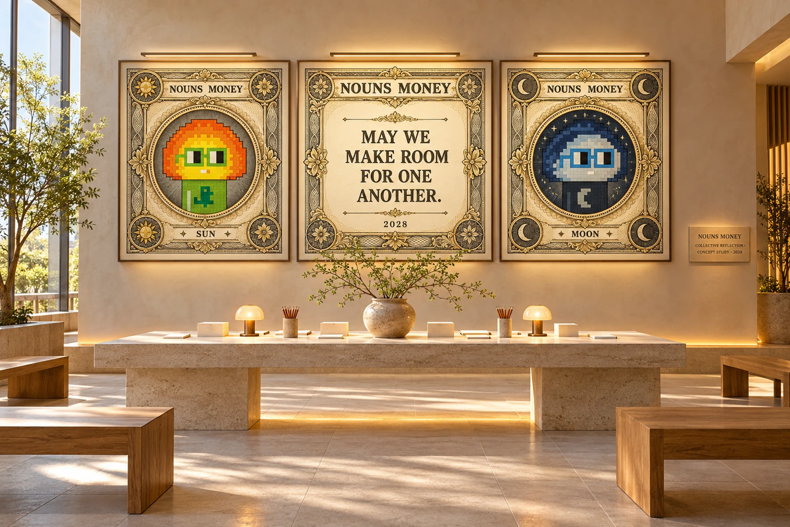 An imagined altar: generated room concept, not a photograph of a built installation