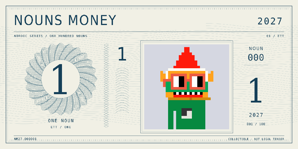 Nouns Money collectible note with authentic Noun #0