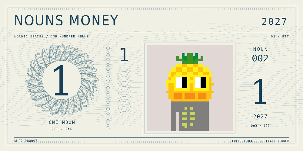 Nouns Money Nordic 2027 design with authentic Noun #2, design serial NM27-000003