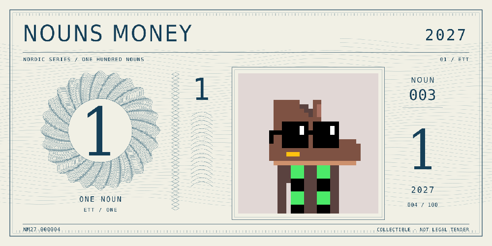 Nouns Money Nordic 2027 design with authentic Noun #3, design serial NM27-000004