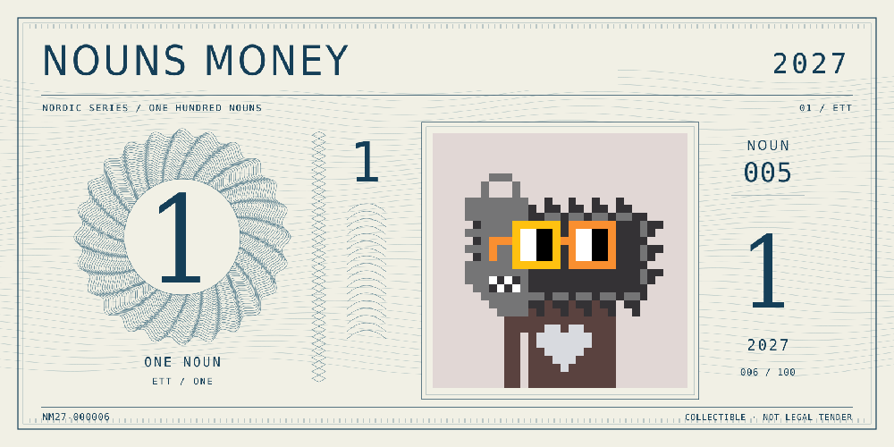 Nouns Money Nordic 2027 design with authentic Noun #5, design serial NM27-000006