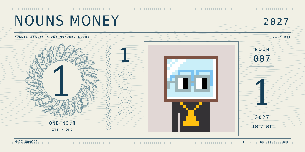 Nouns Money Nordic 2027 design with authentic Noun #7, design serial NM27-000008