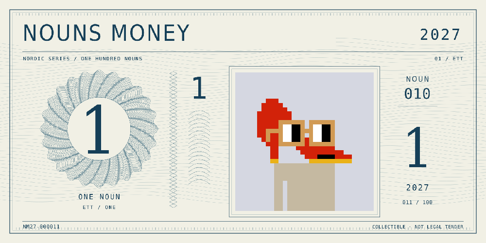 Nouns Money Nordic 2027 design with authentic Noun #10, design serial NM27-000011