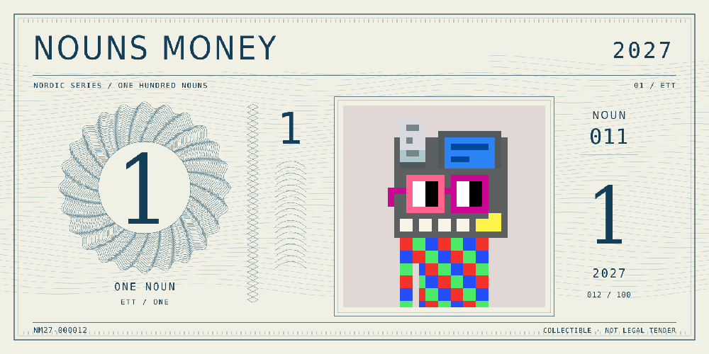 Nouns Money Nordic 2027 design with authentic Noun #11, design serial NM27-000012