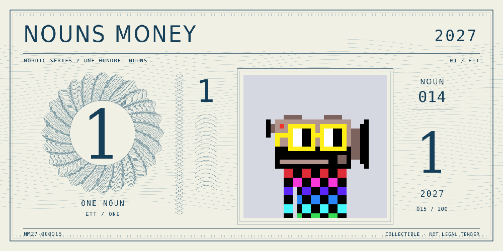 Nouns Money Nordic 2027 design with authentic Noun #14, design serial NM27-000015