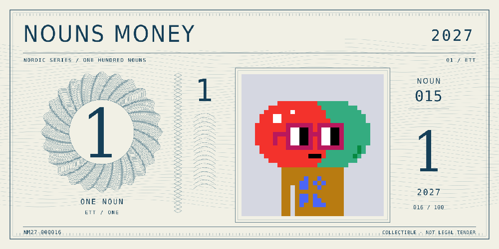Nouns Money Nordic 2027 design with authentic Noun #15, design serial NM27-000016