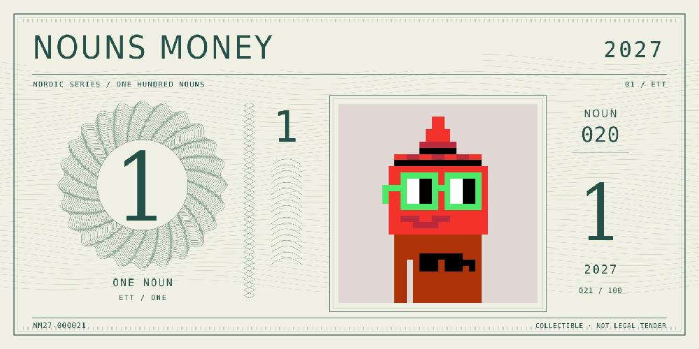 Nouns Money Nordic 2027 design with authentic Noun #20, design serial NM27-000021