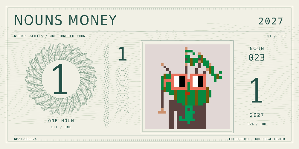 Nouns Money Nordic 2027 design with authentic Noun #23, design serial NM27-000024