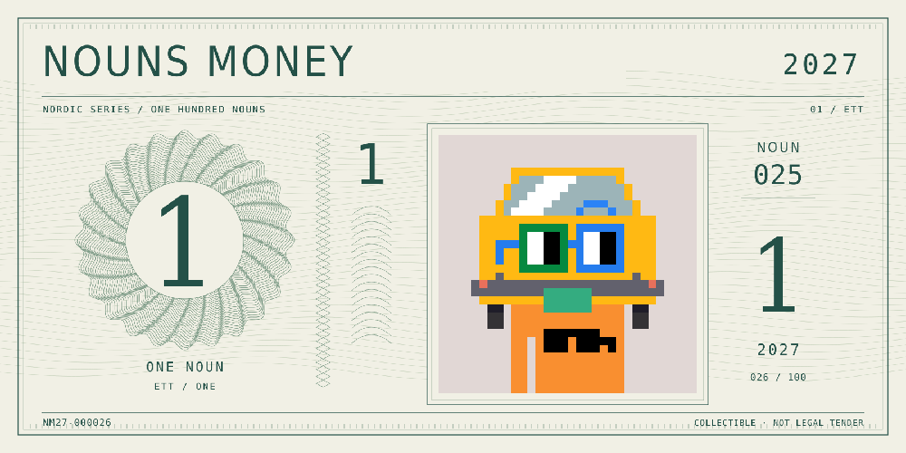 Nouns Money Nordic 2027 design with authentic Noun #25, design serial NM27-000026