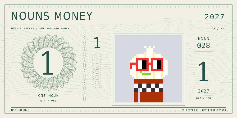 Nouns Money Nordic 2027 design with authentic Noun #28, design serial NM27-000029