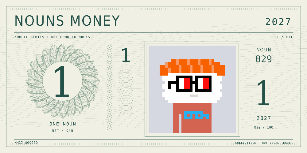 Nouns Money Nordic 2027 design with authentic Noun #29, design serial NM27-000030