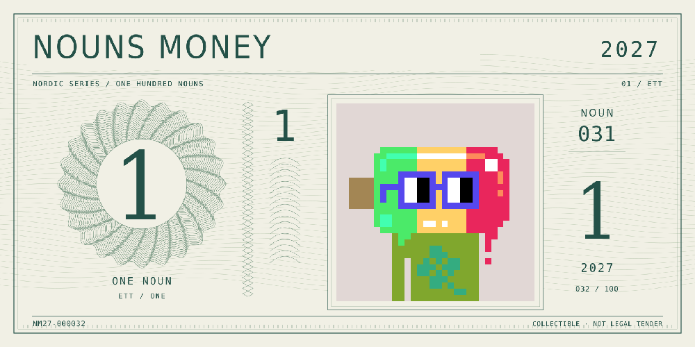 Nouns Money Nordic 2027 design with authentic Noun #31, design serial NM27-000032