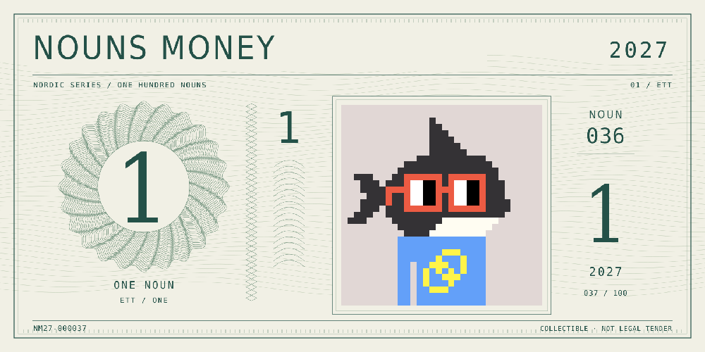 Nouns Money Nordic 2027 design with authentic Noun #36, design serial NM27-000037