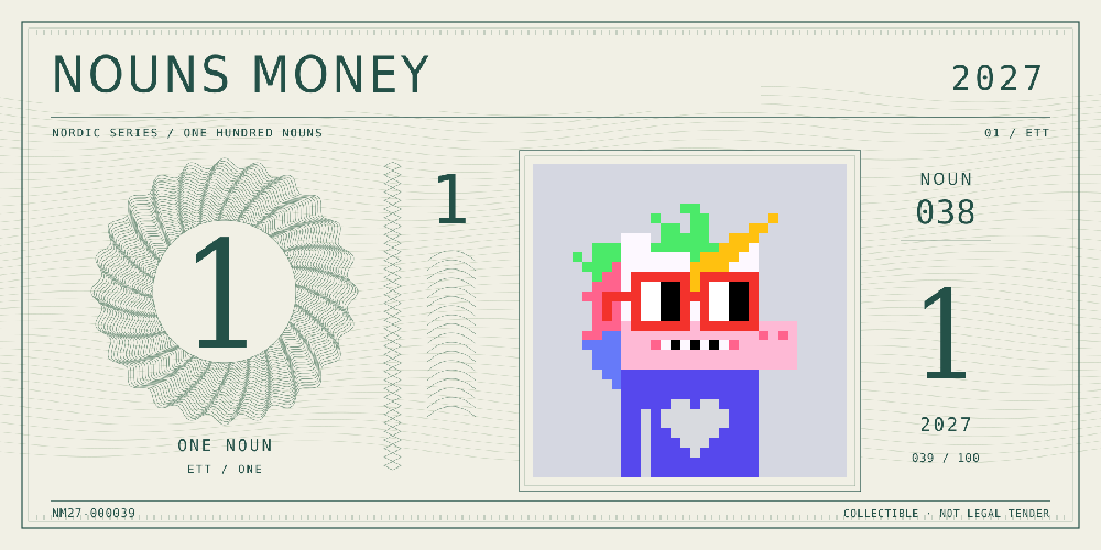 Nouns Money Nordic 2027 design with authentic Noun #38, design serial NM27-000039