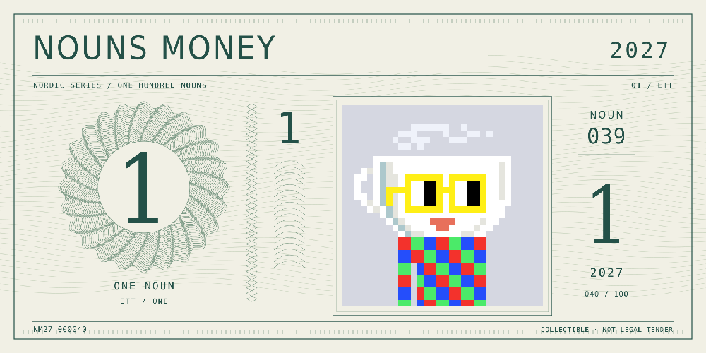 Nouns Money Nordic 2027 design with authentic Noun #39, design serial NM27-000040