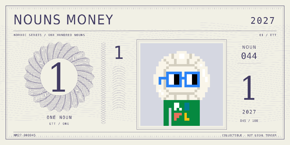 Nouns Money Nordic 2027 design with authentic Noun #44, design serial NM27-000045