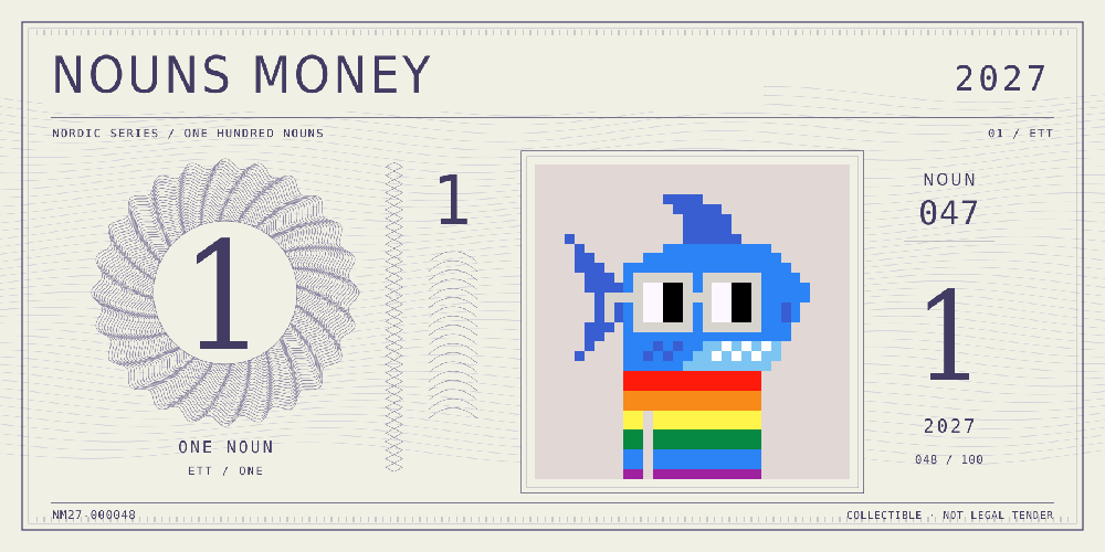 Nouns Money Nordic 2027 design with authentic Noun #47, design serial NM27-000048