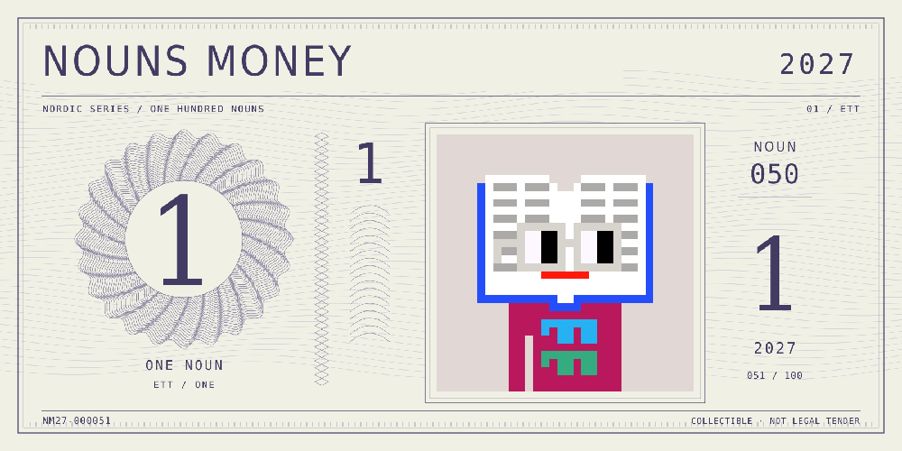 Nouns Money Nordic 2027 design with authentic Noun #50, design serial NM27-000051