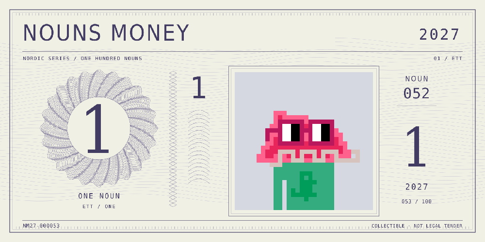 Nouns Money Nordic 2027 design with authentic Noun #52, design serial NM27-000053
