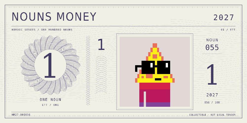 Nouns Money Nordic 2027 design with authentic Noun #55, design serial NM27-000056