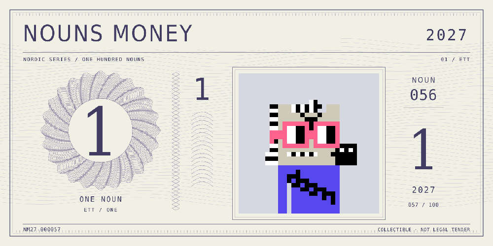 Nouns Money Nordic 2027 design with authentic Noun #56, design serial NM27-000057